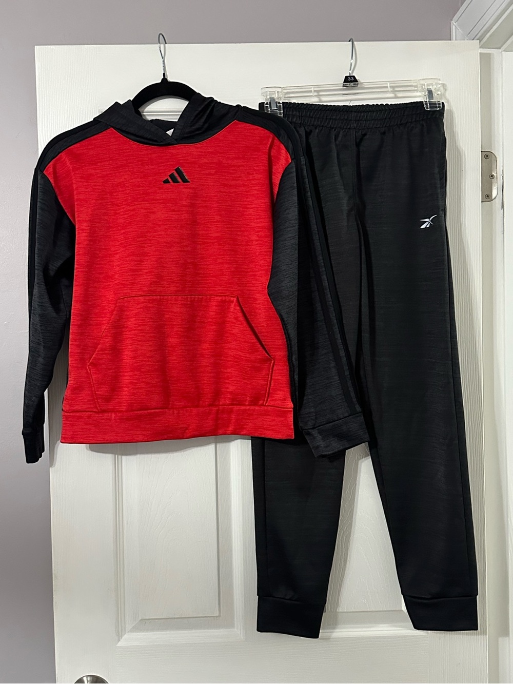 Adidas Kids Red & Black Hoodie with Black Reebok Jogger Bottoms